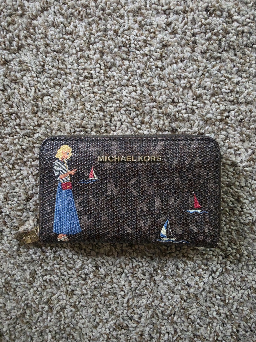 Michael Kors Brown Signature Zip-Around Wallet with Girl/Nautical Graphics